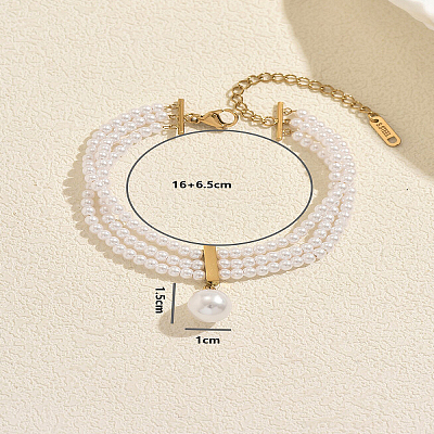 Natural Freshwater Pearl Round Charm Multi-strand Bracelets with 201 Stainlee Steel End Chains UK4868-1