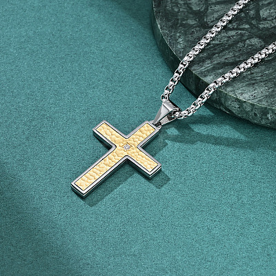 304 Stainless Steel Pave Clear Cubic Zirconia Hammered Religion Cross Pendant Necklaces for Men WG86616-01-1