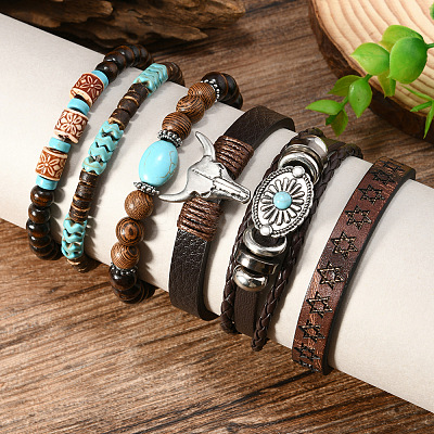 6Pcs 6 Styles Zinc Alloy and Wood Beads Coconut Shell Artificial Leather Cord Braided Bracelets & Stretch Bracelets Sets FS-WG2D370-01-1