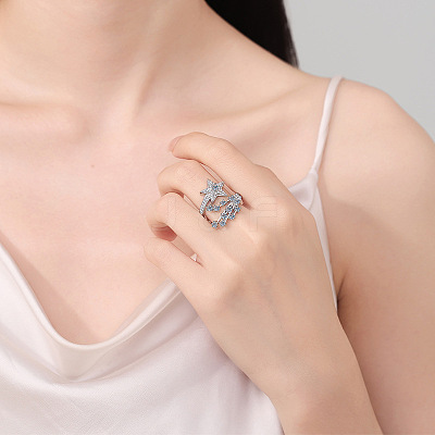 Brass Micro Pave Clear Cubic Zirconia Open Cuff Rings for Women RJEW-S402-06P-1