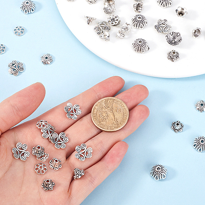 240Pcs 8 Styles Tibetan Style Alloy Flower Beads Caps FIND-SP0001-66-1