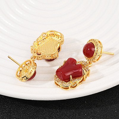 Brass Micro Pave Clear Cubic Zirconia Flat Round with Nuggets Dangle Stud Earrings EJEW-Z131-02G-1