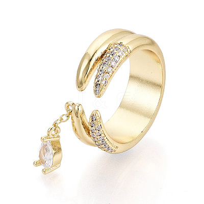 Brass Micro Pave Clear Cubic Zirconia with Teardrop Pendant Cuff Open Rings KK-T080-02G-1