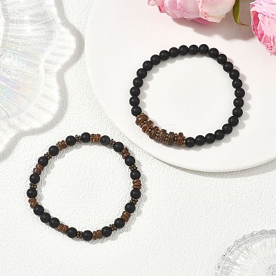 2Pcs 2 Styles Coconut and Natural Black Agate Beads Stretch Bracelets for Women BJEW-JB12672-1