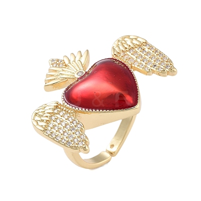 Rack Plating Heart with Wing Brass Micro Pave Cubic Zirconia Open Cuff Rings for Women RJEW-B064-02G-01-1