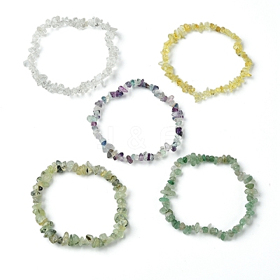 5Pcs 5 Styles Natural Green Aventurine & Quartz Crystal & Prehnite & Citrine & Fluorite Chips Beaded Stretch Bracelet Sets BJEW-JB10872-1