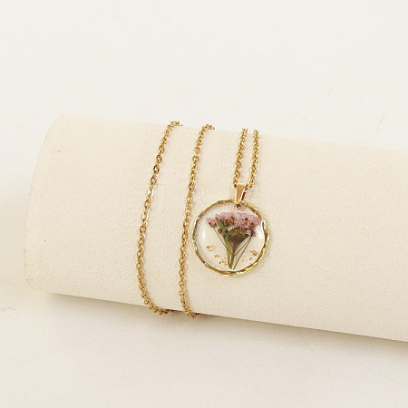Alloy & Plastic Inner Flower Flat Round Pendant Necklaces FS-WG8915D-16-1