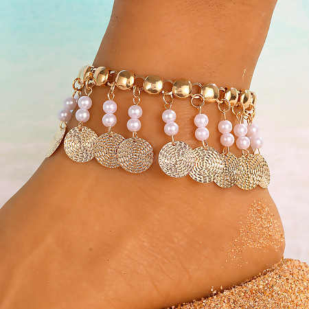 Bohemian Alloy & Round Plastic Coin Tassel Anklets for Women FS-WGC85CC-02-1