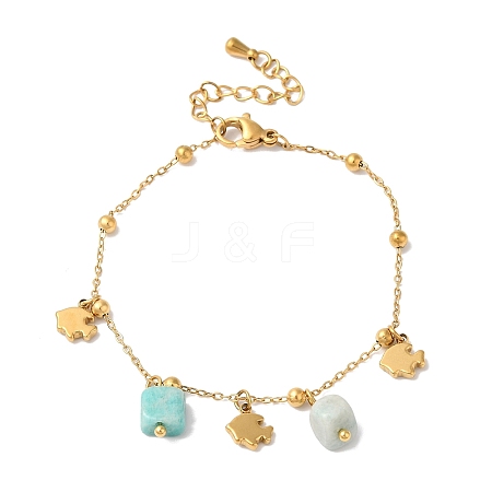 Summer Beach Nuggets Natural Amazonite & Ion Plating(IP) 304 Stainless Steel Charm Bracelets for Women Men BJEW-P326-05F-G-1