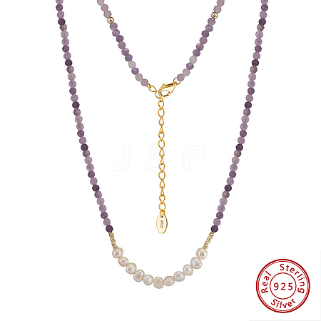 Round Natural Lepidolite & Natural Freshwater Pearl & 925 Sterling Silver Beaded Necklaces for Women NJEW-G154-01G-1