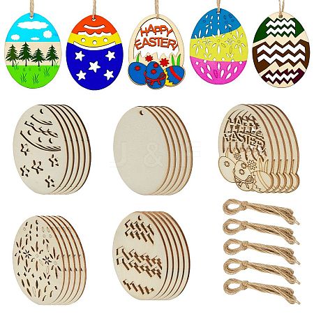 5 Sets 5 Styles DIY Easter Egg Shape Wood Pendant Decorations DIY-CJ0002-18-1