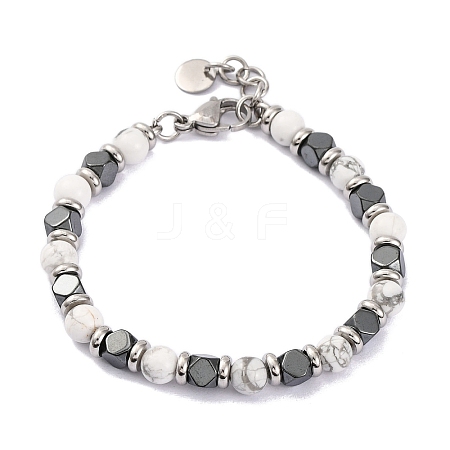 Natural Howlite & Magnetic Synthetic Hematite Round Beaded Bracelet X-BJEW-P339-02P-06-1