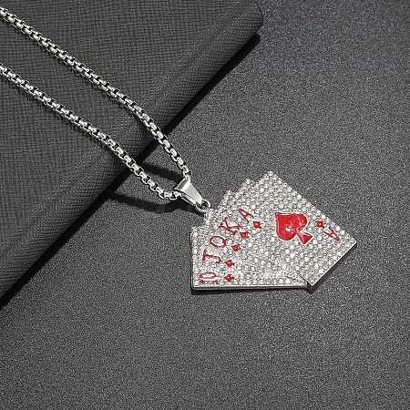 Alloy Full Crystal Rhinestone Playing Cards Pendant Necklaces NJEW-R001-01P-01-1