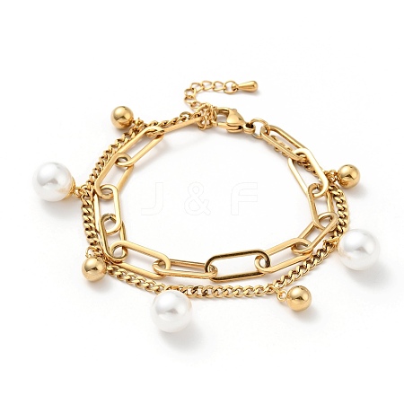 Plastic Pearl and Round Ball Charm Multi-strand Bracelet BJEW-G639-10G-1