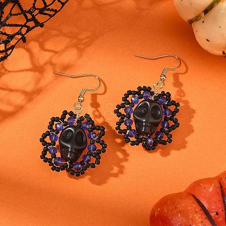 Halloween Gothic Synthetic Turquoise Skull Dangle Earrings EJEW-MZ00807-02-1