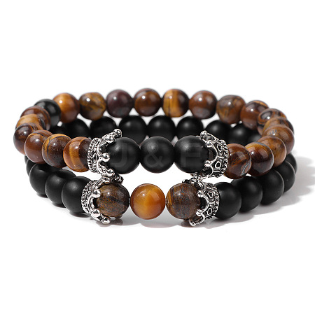 2Pcs 2 Styles Natural Tiger Eye & Black Obsidian Beads Stretch Bracelet Set for Women Men MO5189-1-1