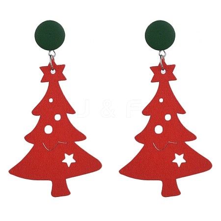 Christmas Tree Dyed Poplar Wood Dangle Stud Earrings EJEW-JE03359-02-1
