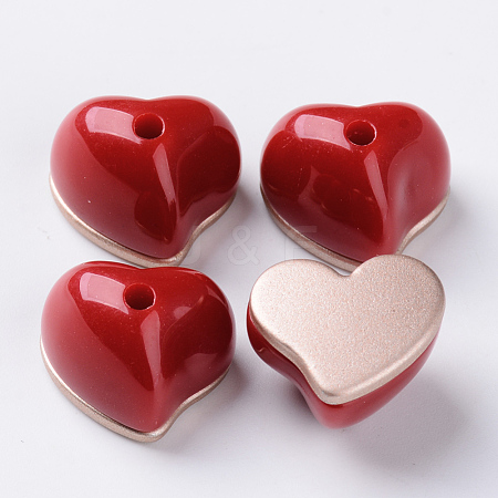  Jewelry Beads Findings Opaque Acrylic Beads, Two Tone, with Rose Gold Plated Flat Plate, Half Drilled, Heart, FireBrick, 15x18x13.5mm, Half Hole: 2.5mm