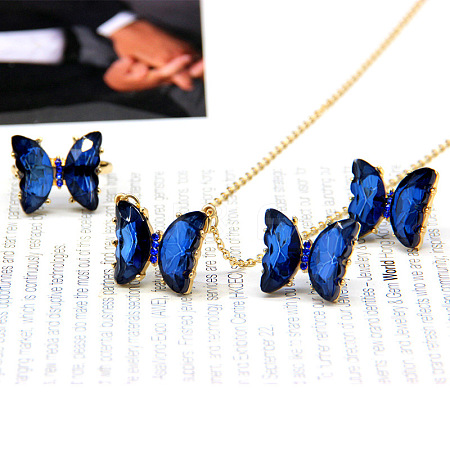 Butterfly Alloy Glass Pendant Necklaces & Stud Earrings & Rings Sets for Women WG31995-11-1