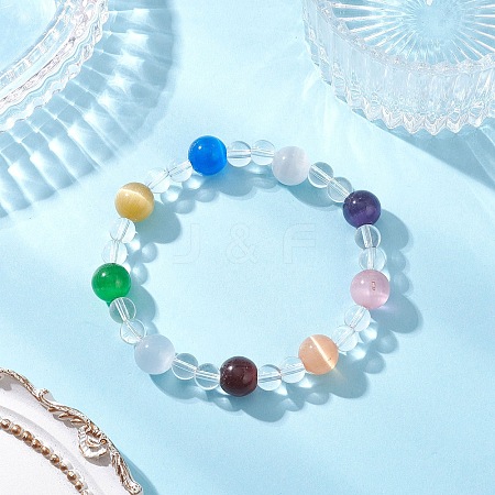 Cat Eye & Synthetic Quartz Crystal Round Beaded Stretch Bracelets BJEW-JB12246-01-1