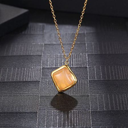 Natural Rose Quartz Rhombus Pendant Necklace with Brass Chains VW7781-1-1