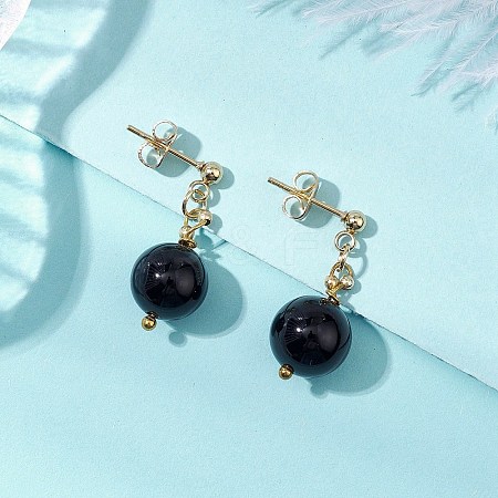 Natural Black Agate Round Beads & 304 Stainless Steel Components Dangle Earrings for Women EJEW-JE06231-01-1