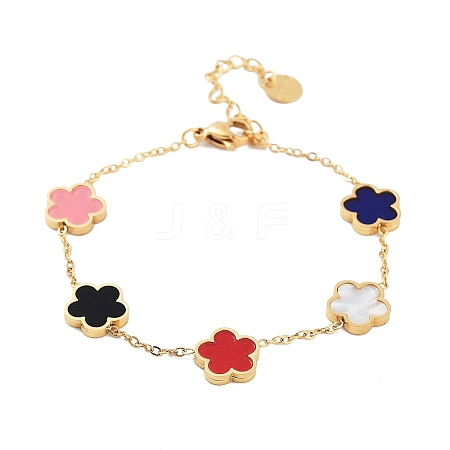 Flower Resin & Shell Link Chain Bracelets BJEW-K247-01G-05-1