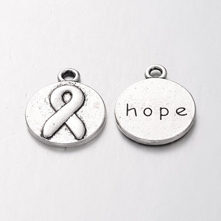 Tibetan Style Flat Round Carved Awareness Ribbon and Word Hope Double Sided Pendants X-TIBEP-12792-S-LF-1