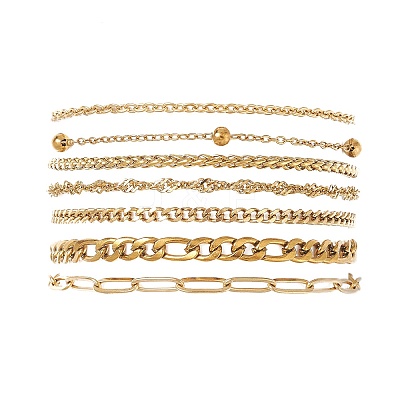 7Pcs 304 Stainless Steel Curb Chains & Water Wave Chains & Cable Chains & Figaro Chains & Wheat Chains Chain Bracelets Set for Women BJEW-JB12915-1