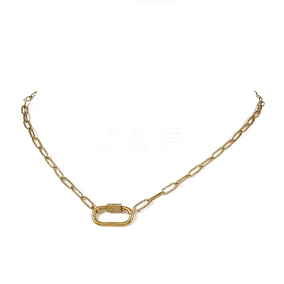 304 Stainless Steel Oval Screw Carabiner Lock Pendant Textured Paperclip Chain Necklaces NJEW-JN06576-02-1