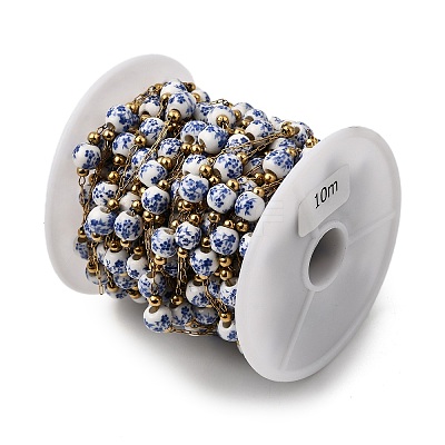 Handmade 304 Stainless Steel Porcelain Beaded Round with Flower Pattern Link Chains CHS-L032-15G-01-1
