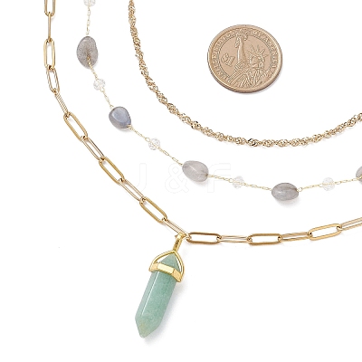 Natural Green Aventurine Double Terminated Pointed Bullet Pendant 304 Stainless Steel & Brass Chain 3 Layer Necklaces for Women NJEW-JN05477-02-1