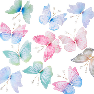32Pcs 8 Styles Cloth Butterfly with Imitation Pearl Ornament Accessories DIY-TA0014-29-1