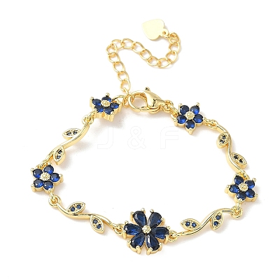 Brass Micro Pave Cubic Zirconia Flower & Leaf Link Chain Bracelets for Women BJEW-G764-03G-1