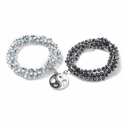 2Pcs 2 Color Lampwork Evil Eye & Glass Stretch Multi-strand Bracelets Set BJEW-JB08785-1