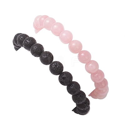 2Pcs Natural Round Pink Mashan Jade & Lava Rock Beads Stretch Bracelets BJEW-JB12879-1
