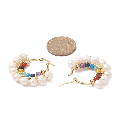 Natural & Synthetic Mixed Gemstone & Pearl Beaded Hoop Earrings EJEW-JE05233-1