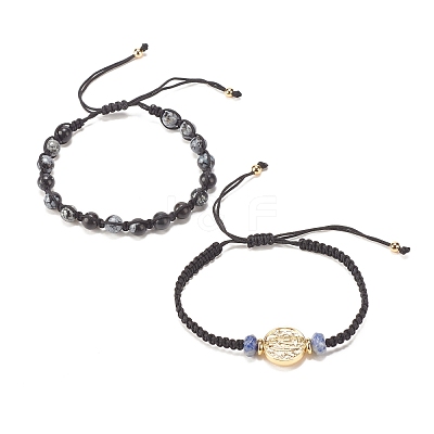 2Pcs 2 Style Natural Snowflake Obsidian & Blue Spot Jasper Braided Bead Bracelets Set with Brass Virgin Mary BJEW-JB07947-1