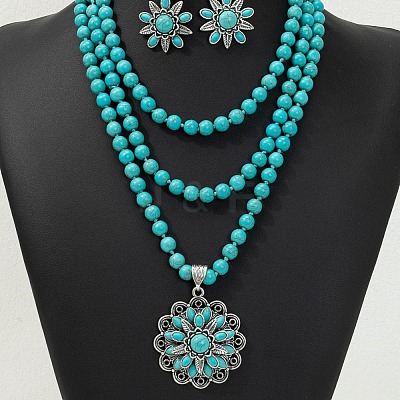 Flower Synthetic Turquoise with Alloy Pendant Necklaces & Stud Dangle Earrings Sets WG550B3-01-1