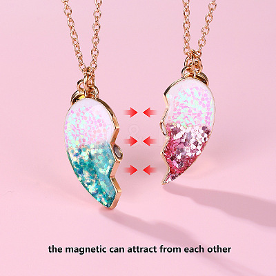 2Pcs Fashionable Alloy Resin BFF Glitter Heart Magnetic Pendant Necklaces for Women FS-WGCB8A0-01-1