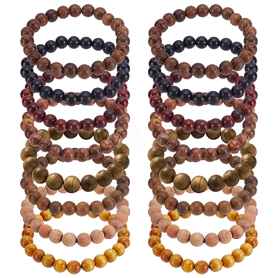16Pcs 8 Styles Natural Sandalwood Round Beaded Stretch Bracelet for Men Women BJEW-GO0001-36-1