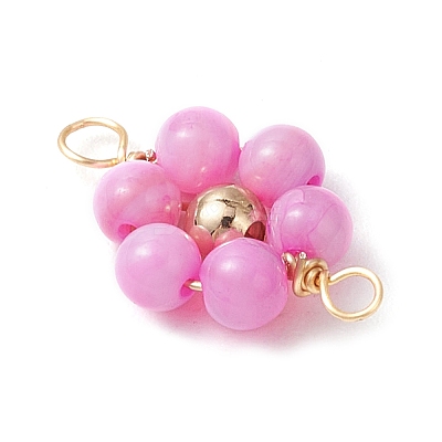 Dyed Natural Shell & Brass Round Beaded Flower Connector Charms PALLOY-JF03464-1