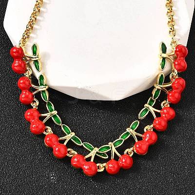 Brass Red Enamel Fruit Link Chain Necklaces NJEW-K287-04A-G-1