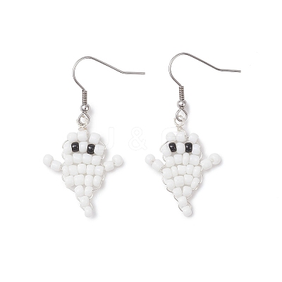 Halloween Ghost Glass Seed Beaded Dangle Earrings EJEW-TA00750-1