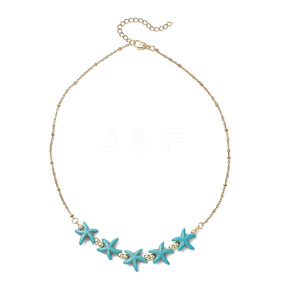 Ocean Dyed Synthetic Turquoise Starfish Beaded Bib Necklaces with 304 Stainless Steel Satellite Chains NJEW-JN05979-01-1