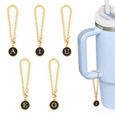 5Pcs 5 Style Flat Round with Letter Alloy Enamel Wine Glass Charms HJEW-TA0001-18-1