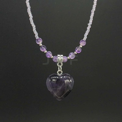 Natural Gemstone Heart Pendant Colorful Glass Seed Beads Beaded Necklaces for Women VA8487-1-1