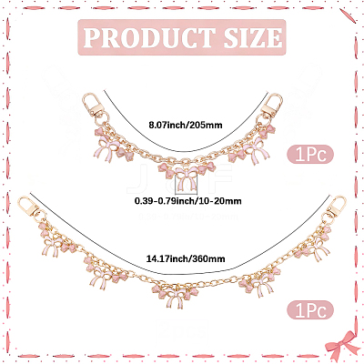 2Pcs 2 Styles Alloy Enamel Pink Bowknot Charm Cable Chain Purse Decorative Chains HJEW-BBC0001-49-1