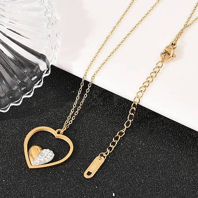 304 Stainless Steel with Polymer Clay Crystal Rhinestone Heart Pendant Necklaces for Women NJEW-A064-03G-1