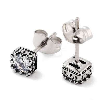 Square 316 Surgical Stainless Steel Pave Cubic Zirconia Stud Earrings for Women Men EJEW-Z050-05A-AS-1